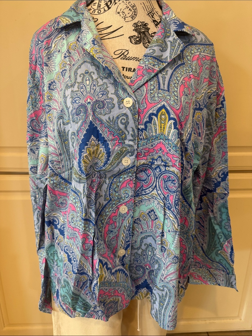 Ralph Lauren Blue Multi Paisley Button-Down Shirt. Pajamas sets with long pants.